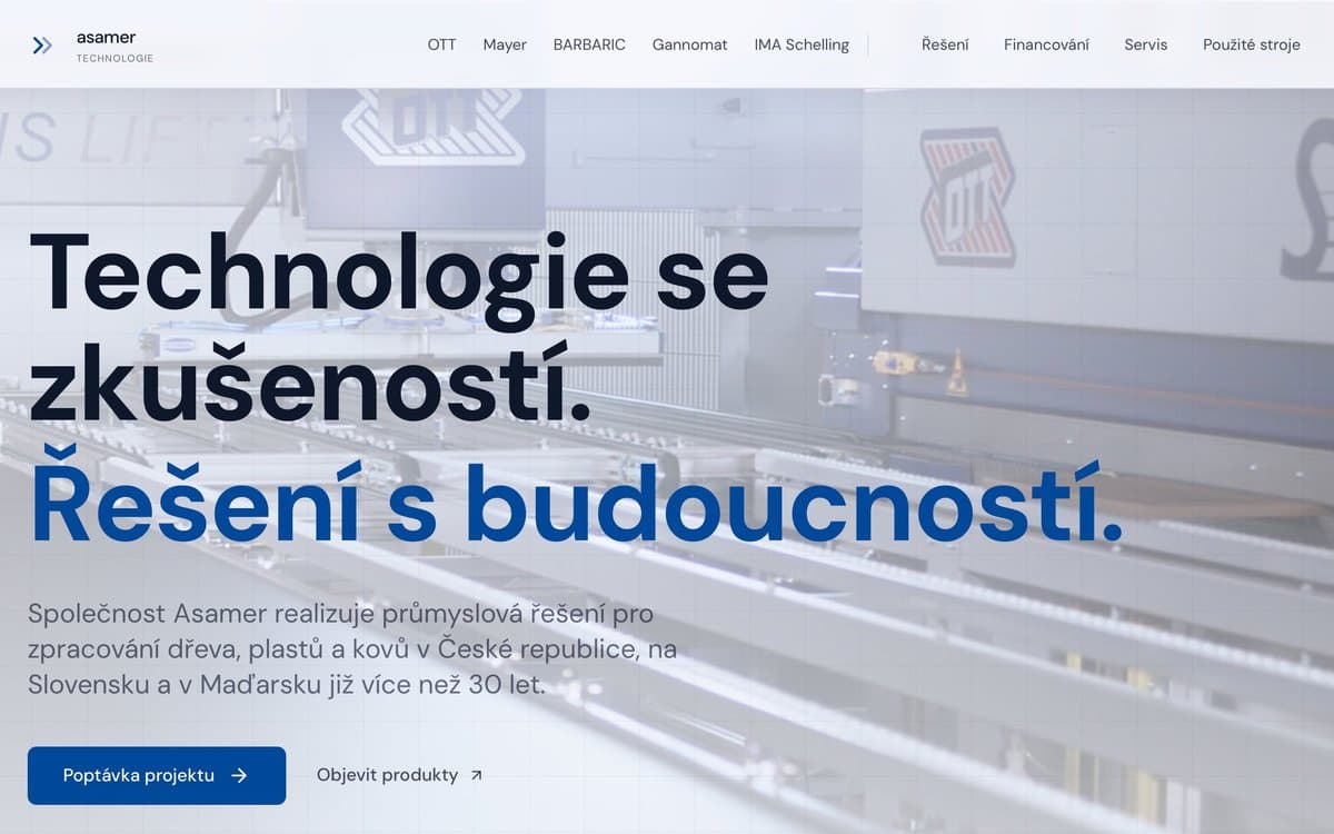 asamer.cz — Industriedienstleister und Maschinenhandel für den CEE-Raum, Hero-Section der Website