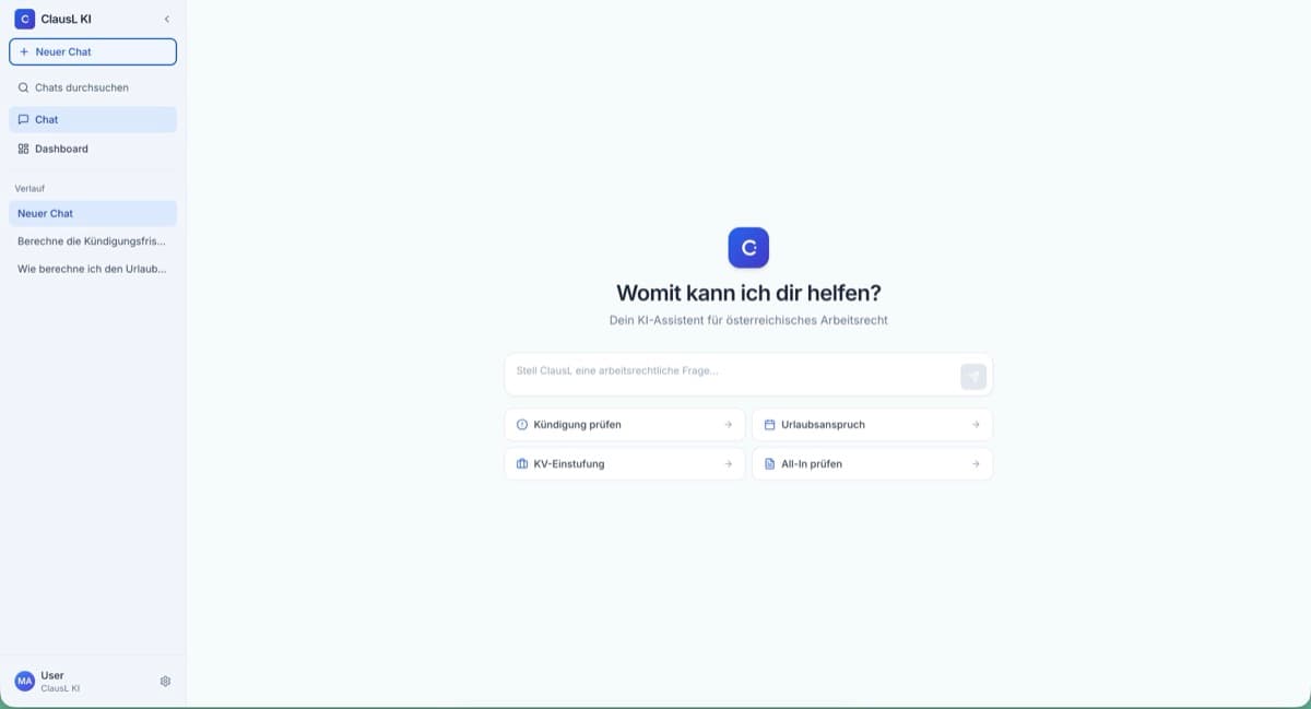 Clausl KI — Chat-Interface für arbeitsrechtliche Fragen, Startseite mit Eingabefeld
