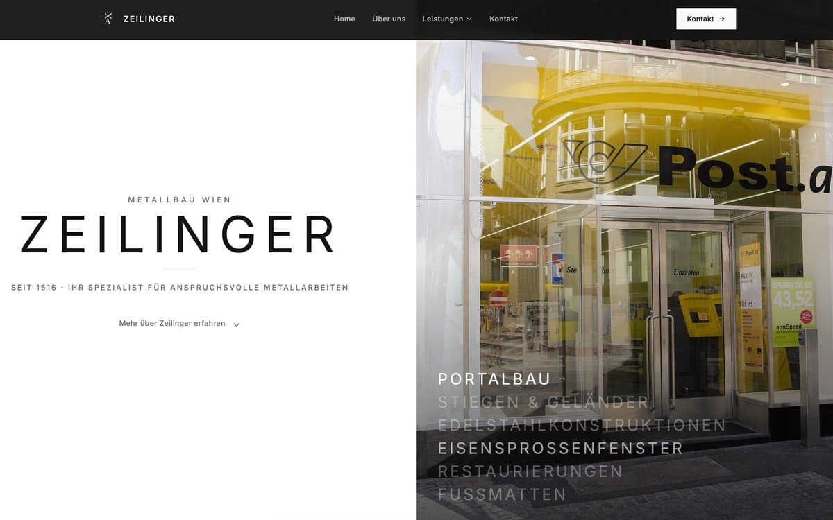 zeilinger-metallbau.at — Metallbau-Betrieb in Wien, Hero-Section mit Werkstattaufnahme